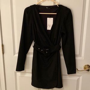 Zara faux suede wrap belted dress xs size black